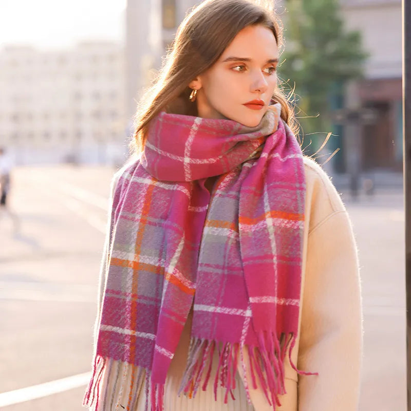 Women's Basic Plaid Polyester Tassel Scarf