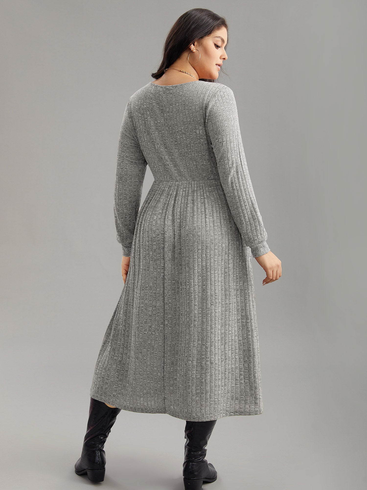 Rib Knit Plain Plisse Long Sleeve Dress