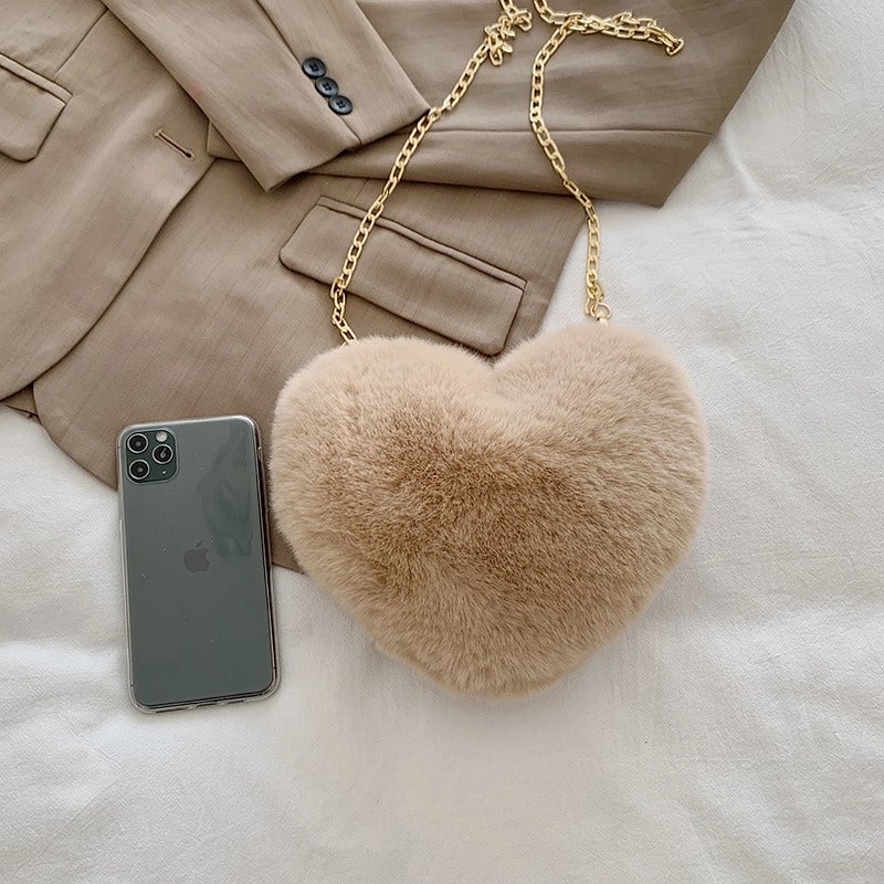 Women's Plush Solid Color Cute Heart-shaped Zipper Crossbody Bag