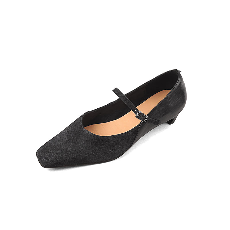 Elegant Washed Horsehide Nubuck Mary Jane Shoes Buckle Strap Causal Pumps in Red/Black/Caramel