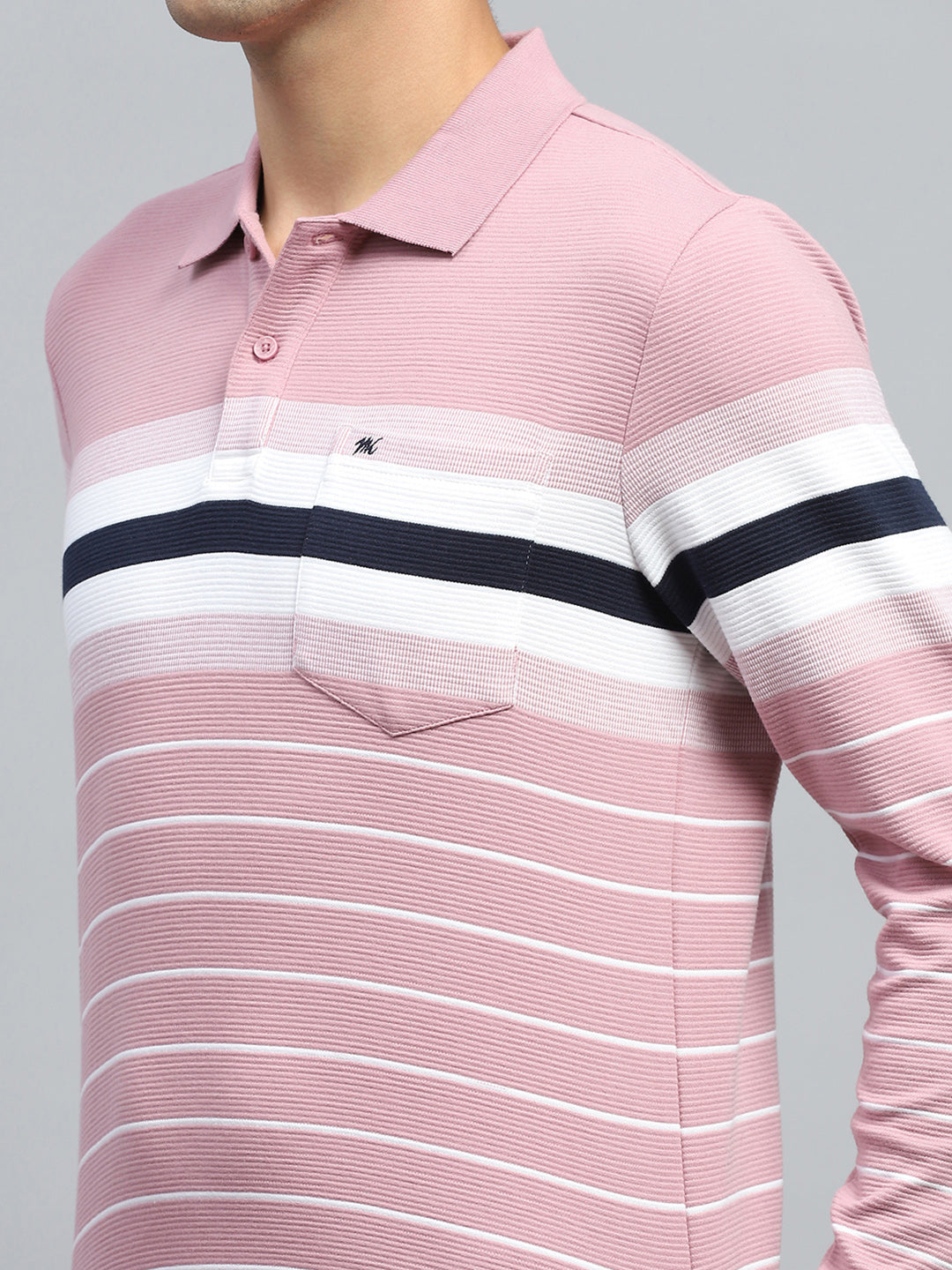 Men Pink Stripe Collar Full Sleeve Winter T-Shirt