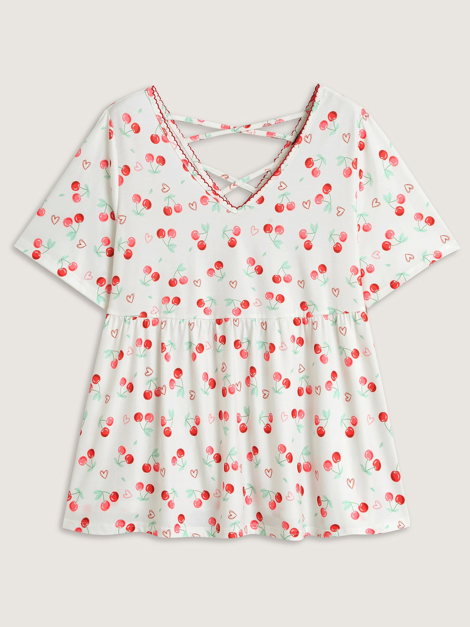 Cherry Print Embroidered V-Neck Top