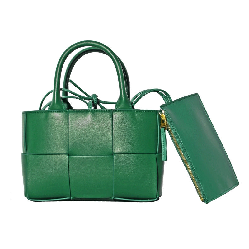 Women's Medium Two-Layer Cowhide Leather Solid Color Business Weave Square Open Shoulder Bag