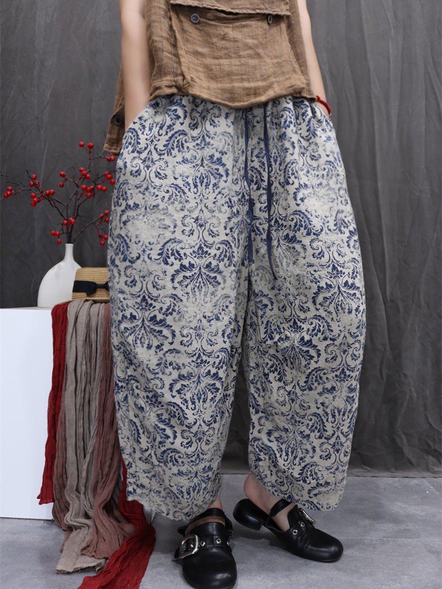 Women Artsy Summer Flower 100%Linen Harem Pants
