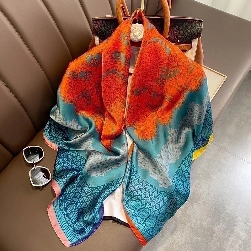 Classic Blue Orange Big Flower Simulation Silk Scarf Large Square Shawl