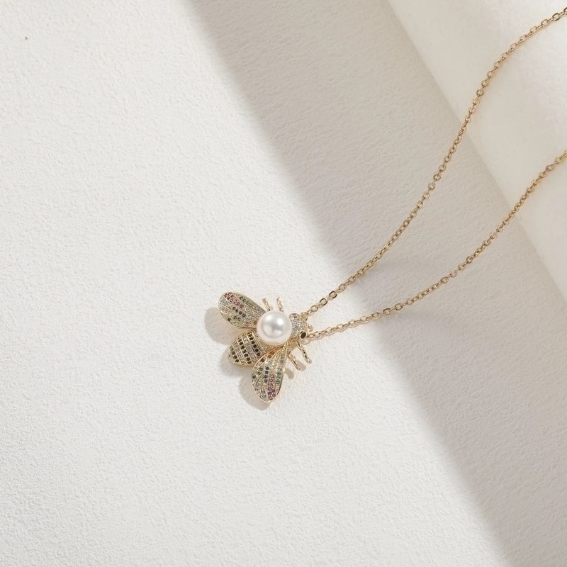 304 Stainless Steel Copper Lady Irregular Plating Inlay Insect Artificial Pearls Zircon Pendant Necklace