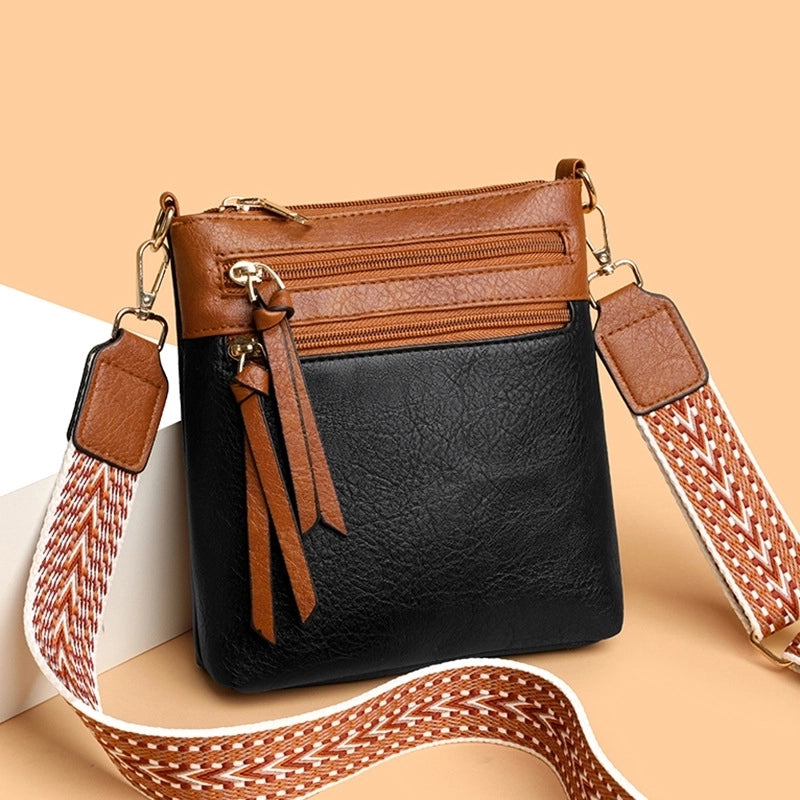 Women's Pu Leather Color Block Solid Color Vintage Style Sewing Thread Square Zipper Shoulder Bag Crossbody Bag