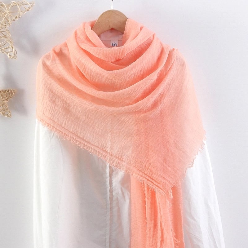 Hot Selling Solid Color Pleated Cotton And Linen Scarf Women's Bag Headscarf Crumpled Hair Fringe Bubble Scarf Women's Scarf Cover Head