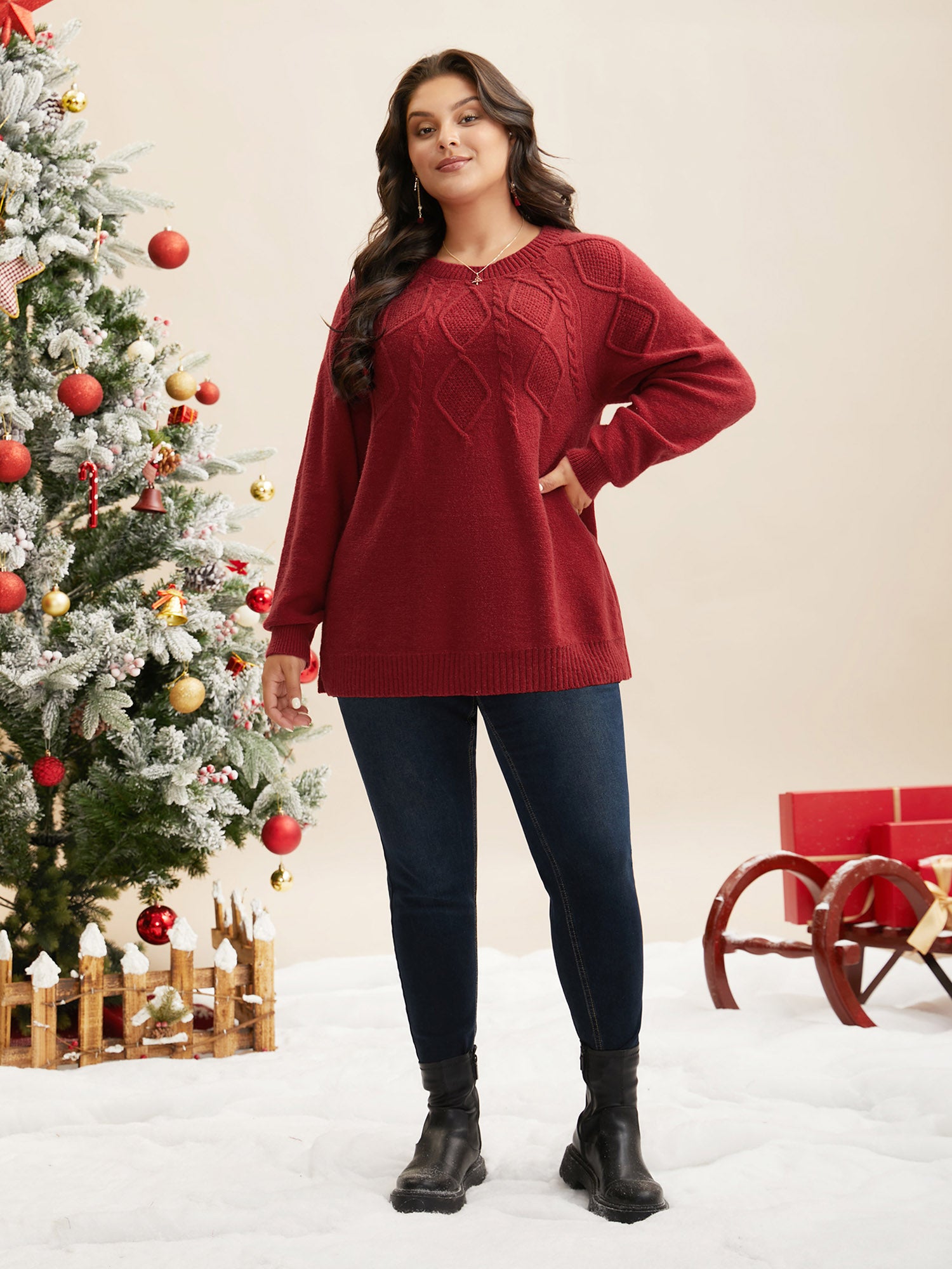 Cable Knit Bodice Crew-Neck Pullover