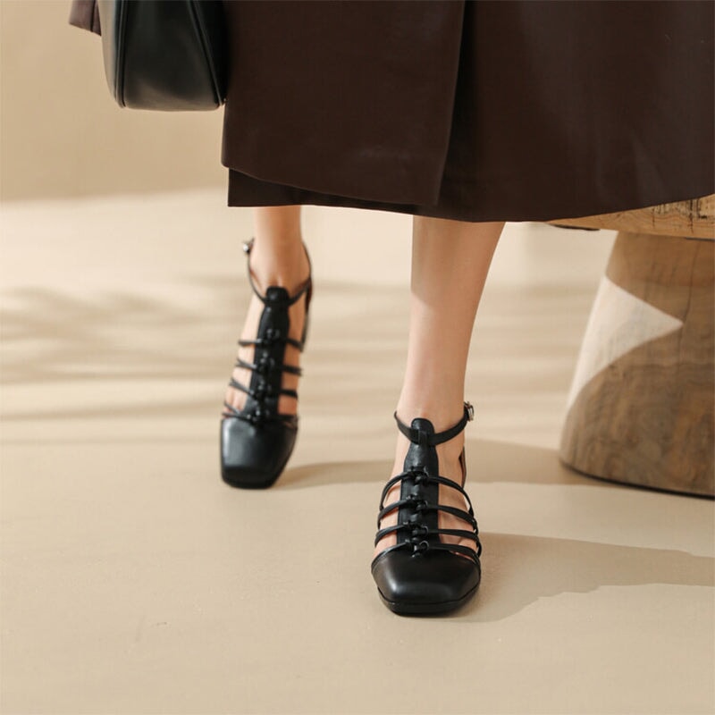 Casual Woven Strappy T-Strap Block Heel Cow Leather Sandals in Brown/Black/Beige