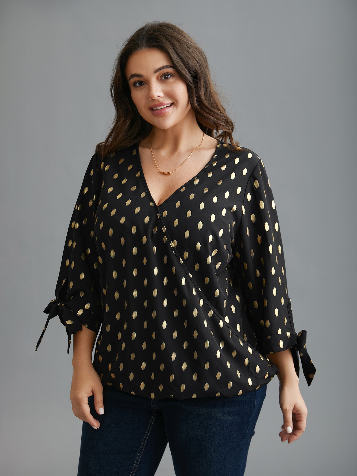Glitter Overlap Collar Tie Knot Blouse