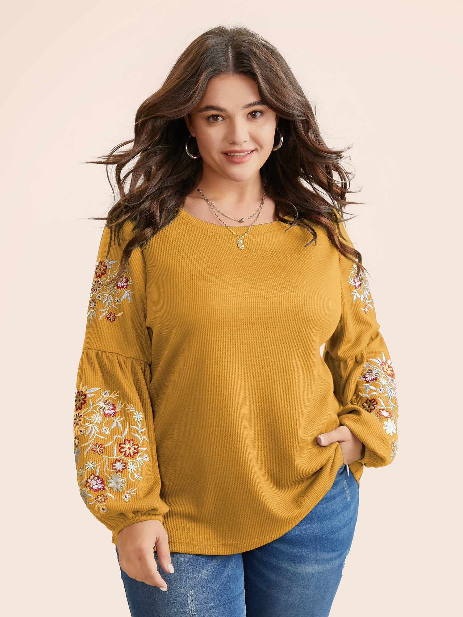 Waffle Knit Floral Embroidered Lantern Sleeve T-shirt