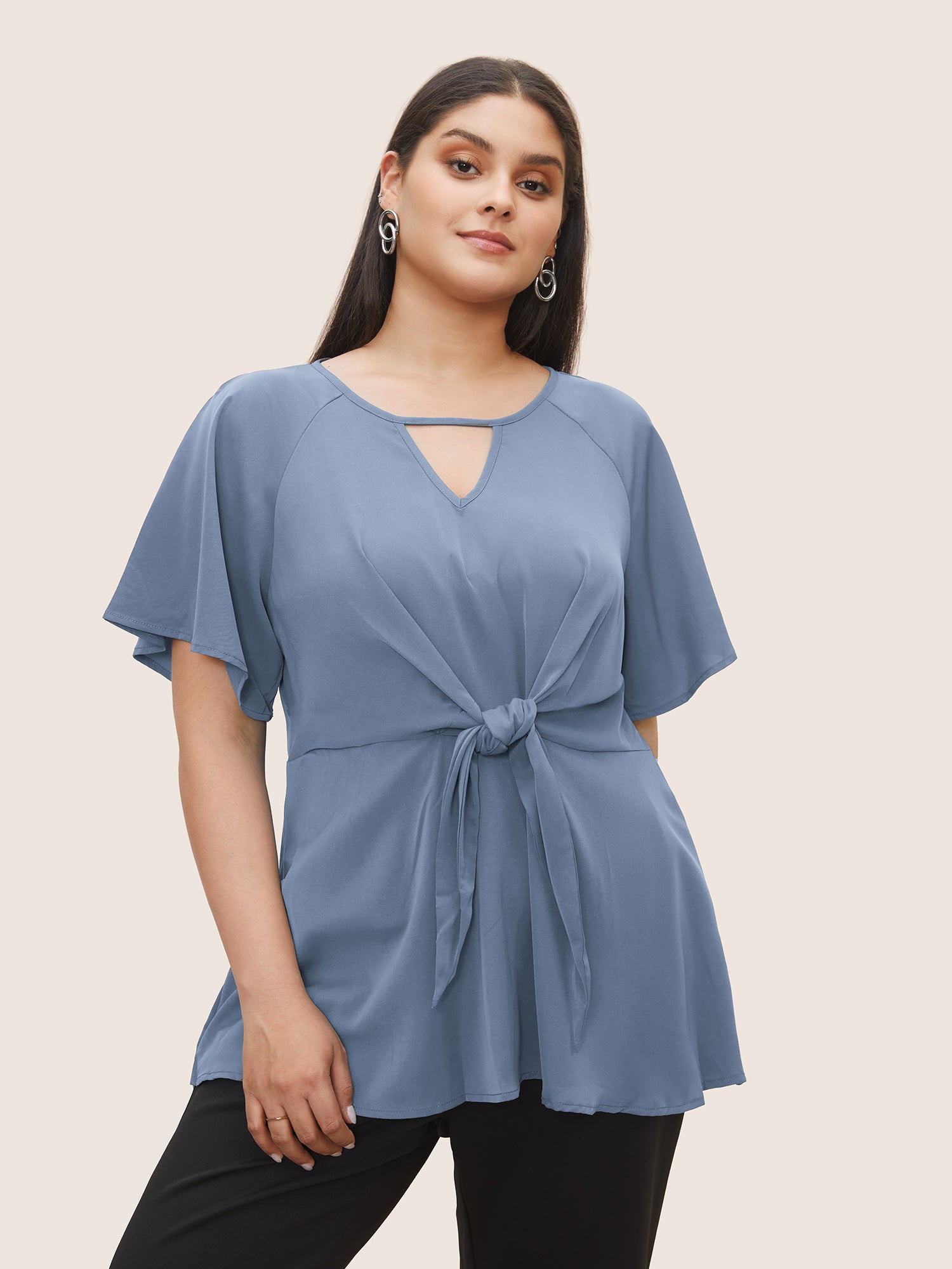 Plain Keyhole Knotted Front Ruffle Sleeve Blouse