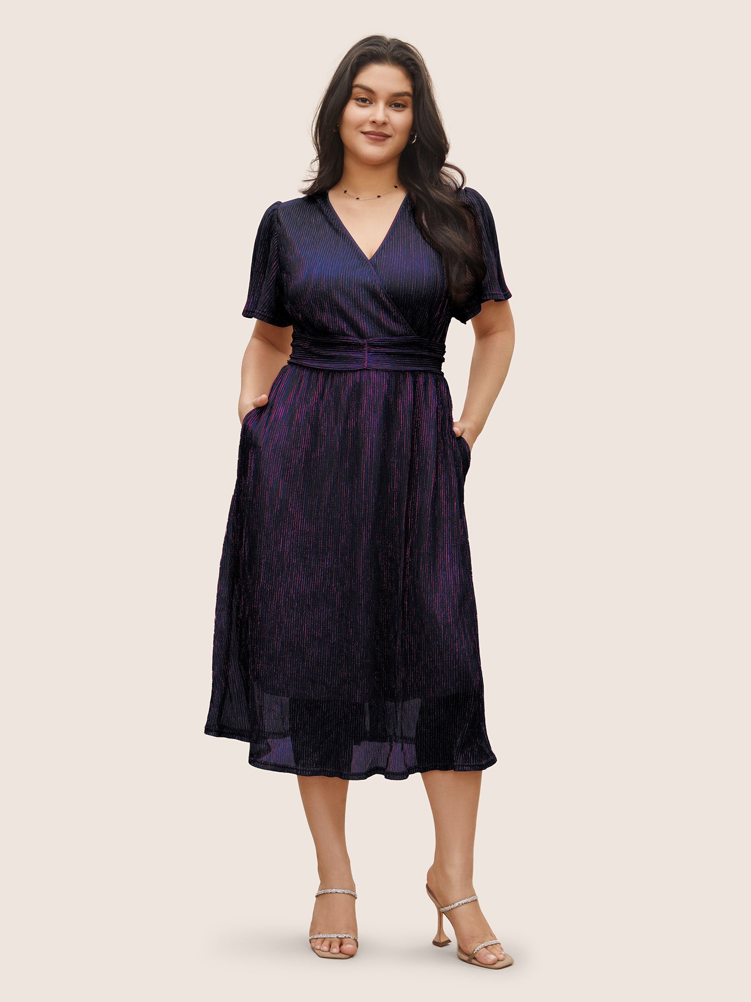 Glitter Mesh Surplice Neck Ruffle Sleeve Pocket Midi Dress