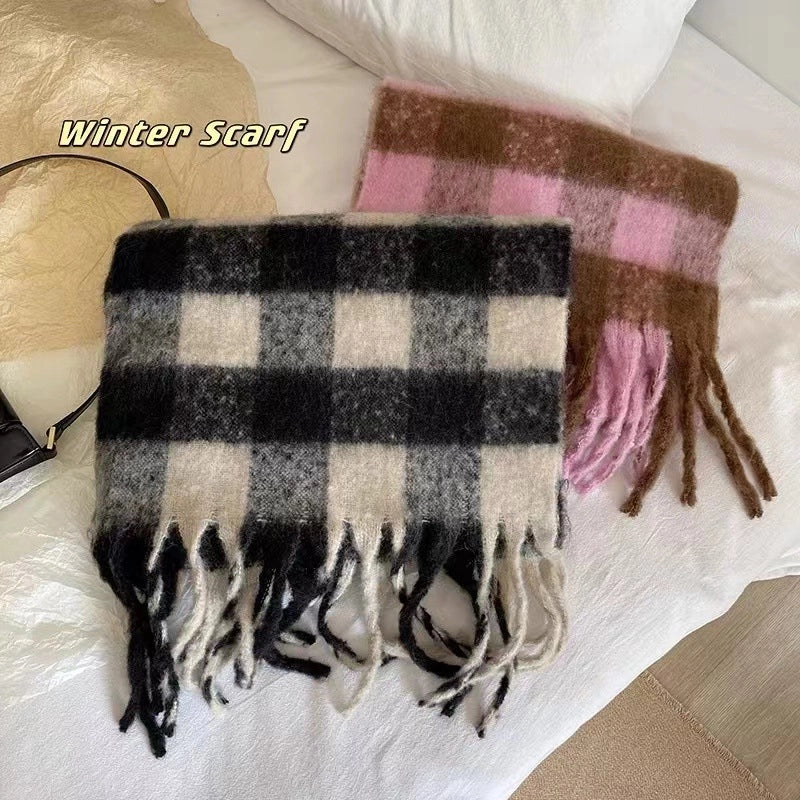 Black And White Plaid Mohair Tassel Scarf Women's Winter New Shawl Lengthened Fashionable Warm Scarf