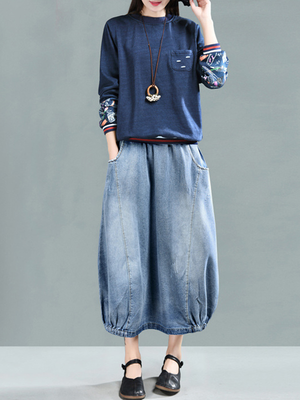 Vintage Loose A-Line Elasticity Solid Color Skirts Bottoms