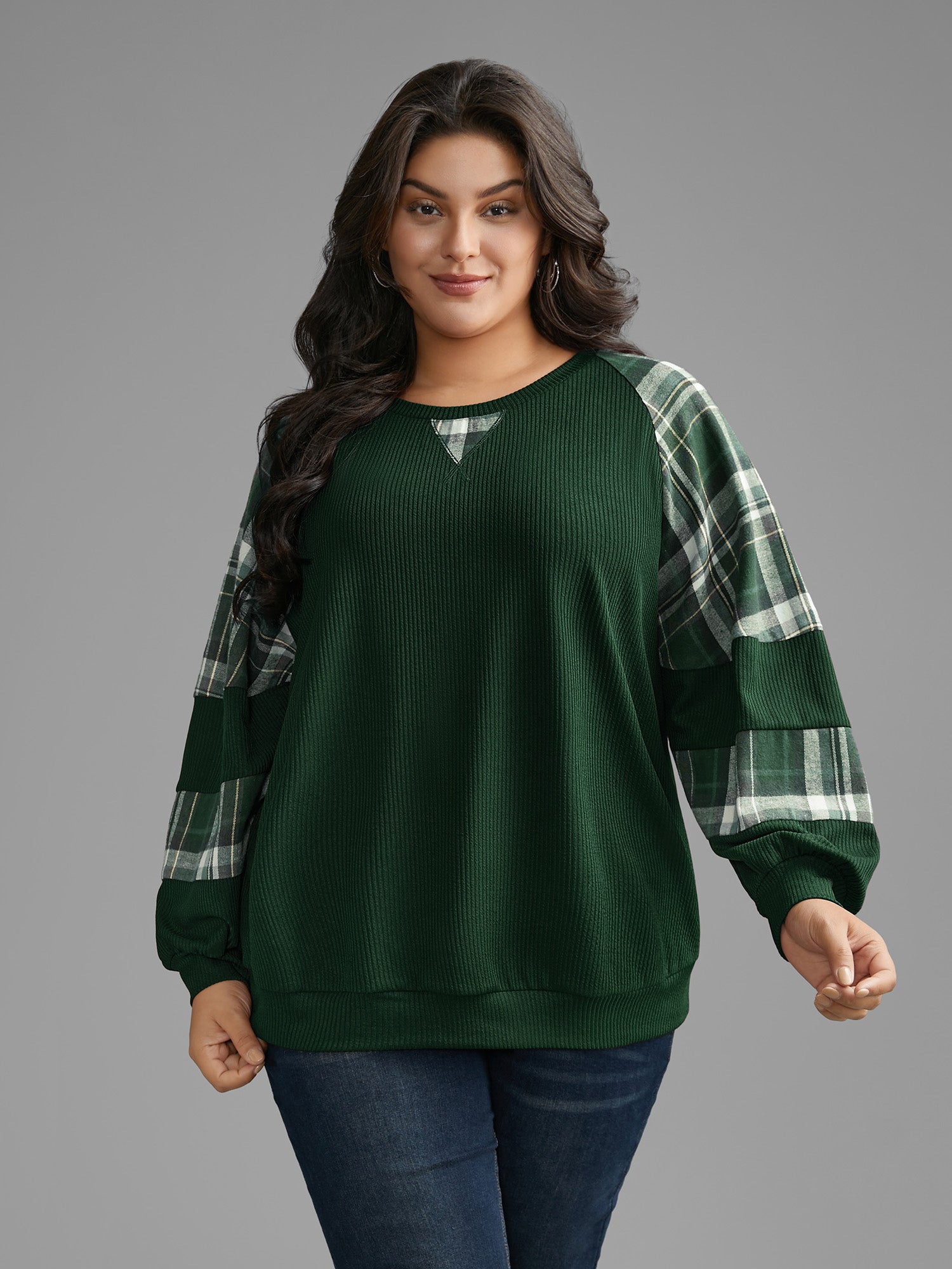 Plaid Patchwork Raglan Sleeve Sweatshirt