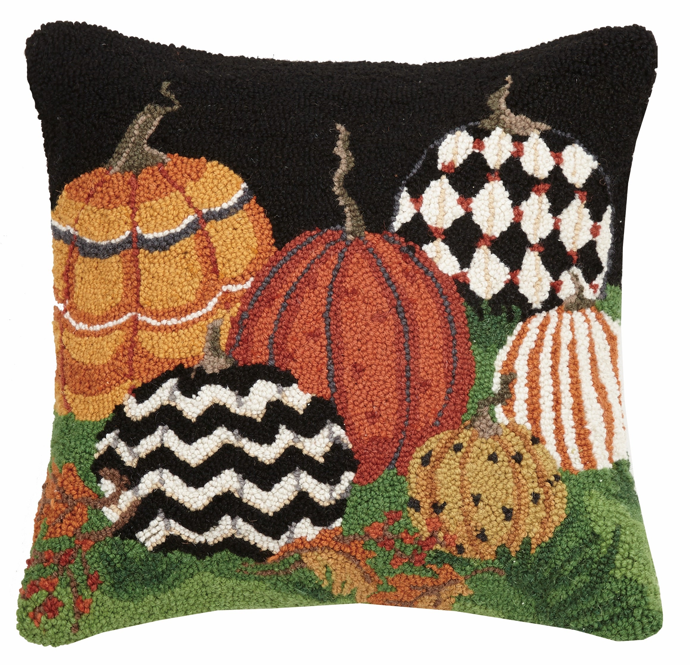 Patterned Pumpkins Pillow. Hooked Wool