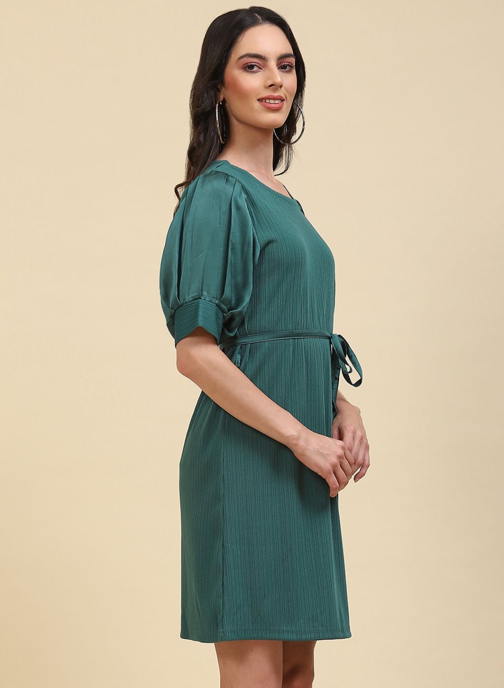 Women Green Self Design Dress