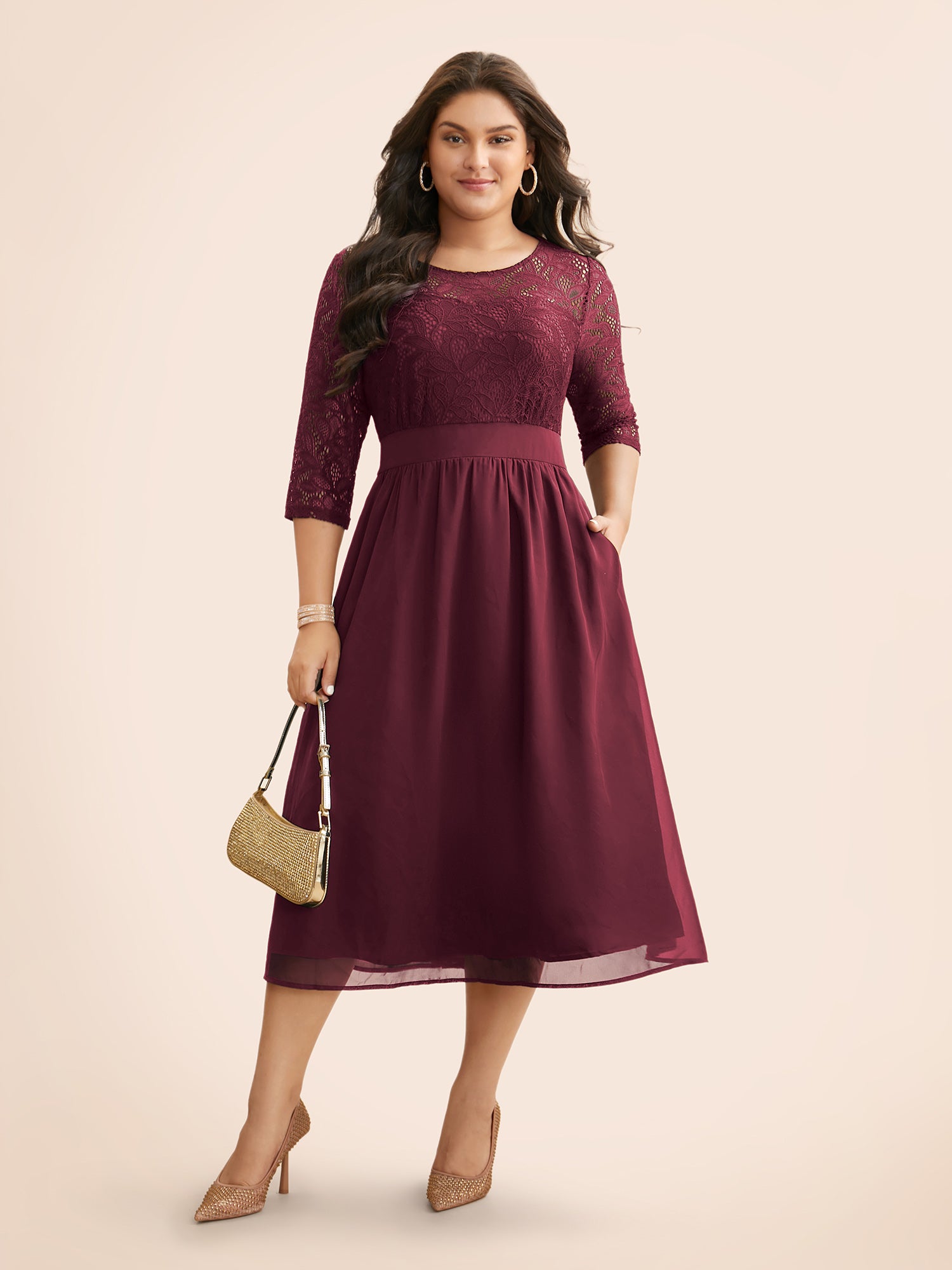 Lace Patchwork Shirred Midi Pocket Dress