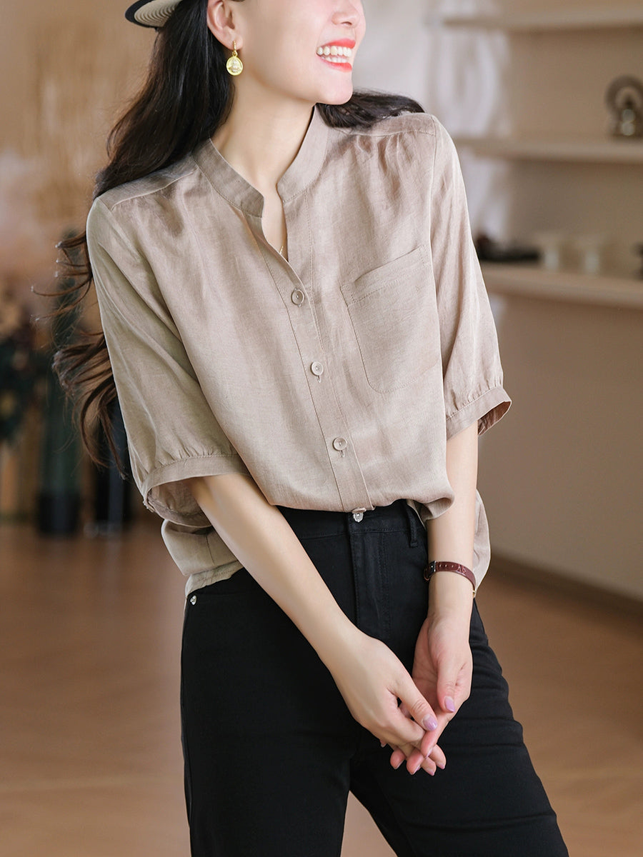 Women Summer Casual Pure Color Pocket V-Neck Shirt