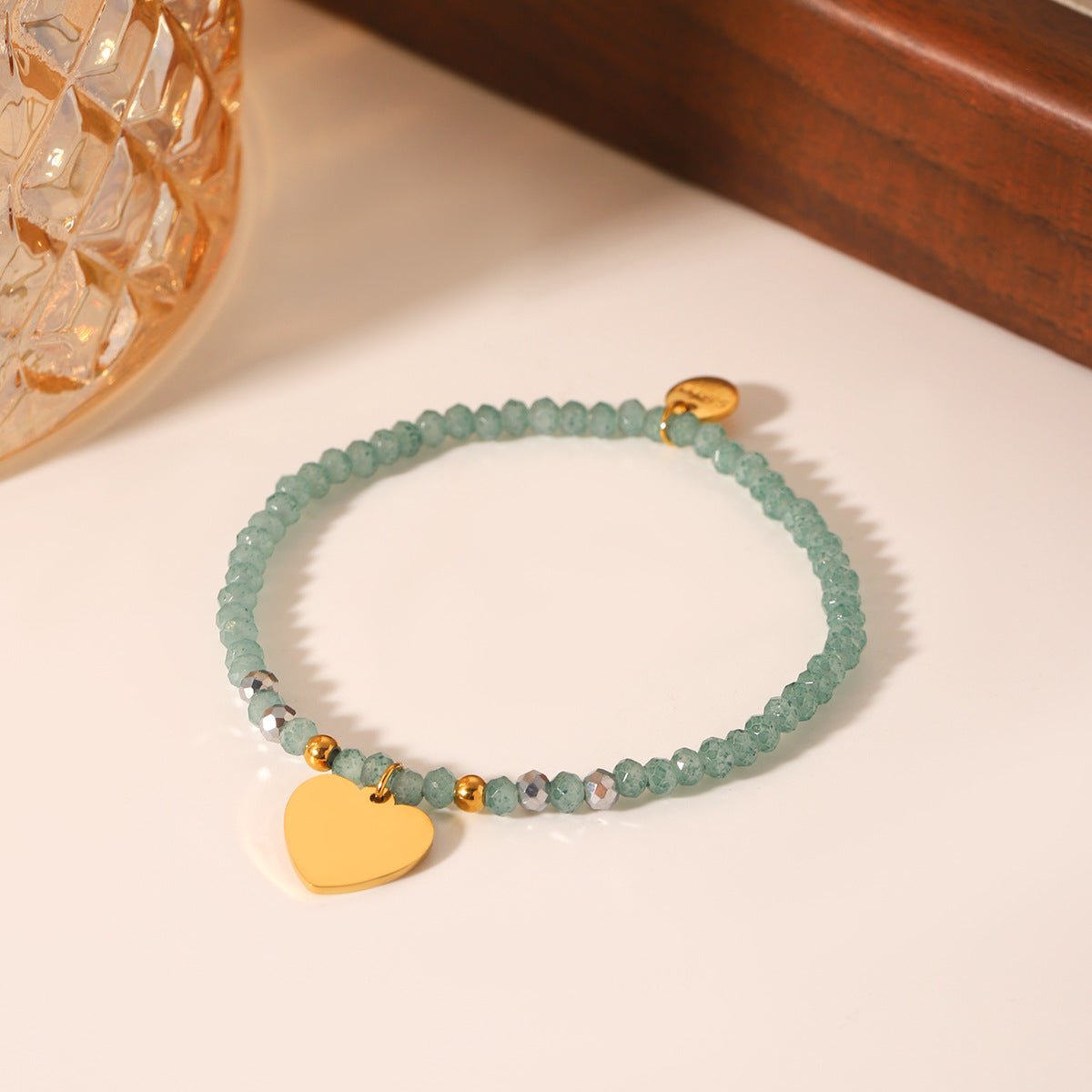 Retro Green Natural Stone Beaded Bracelet Stainless Steel Love Pendant Hand Jewelry Titanium Steel