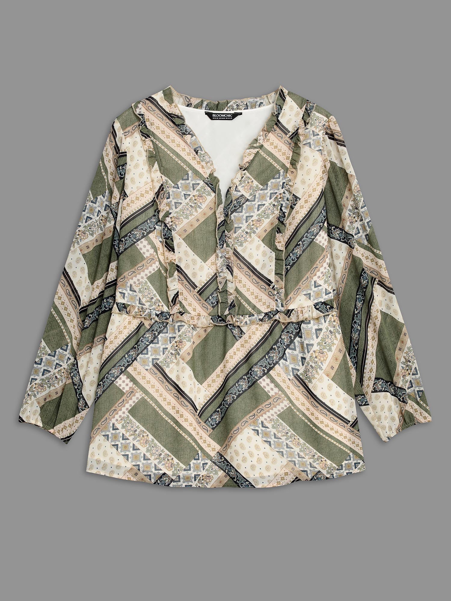 Bandana Print V Neck Ruffle Trim Blouse
