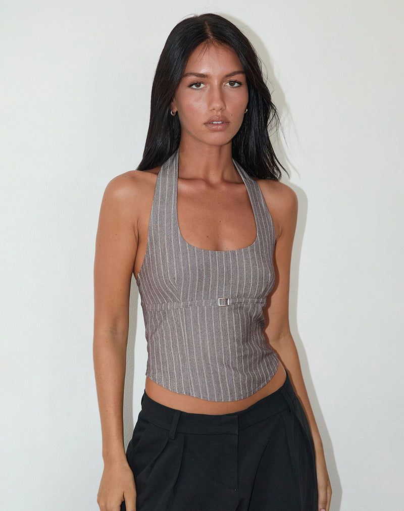 Nasya Halterneck Top in Taupe Pinstripe Tailoring