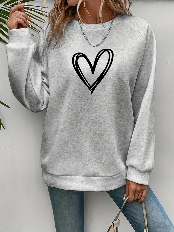 Long Sleeves Loose Heart Print Split-Joint Round-Neck Sweatshirt Tops