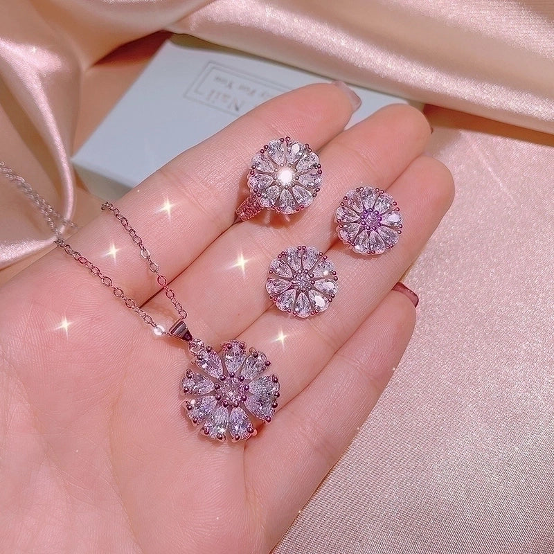 Titanium Steel Minimalist Inlay Flower Zircon Rings Earrings Necklace