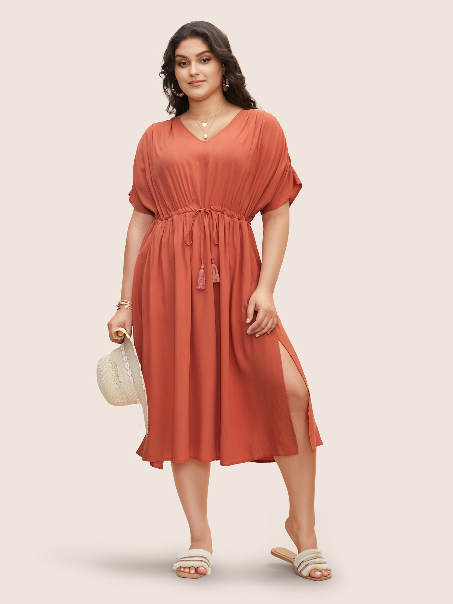 Solid Drawstring Gathered Dolman Sleeve Dress