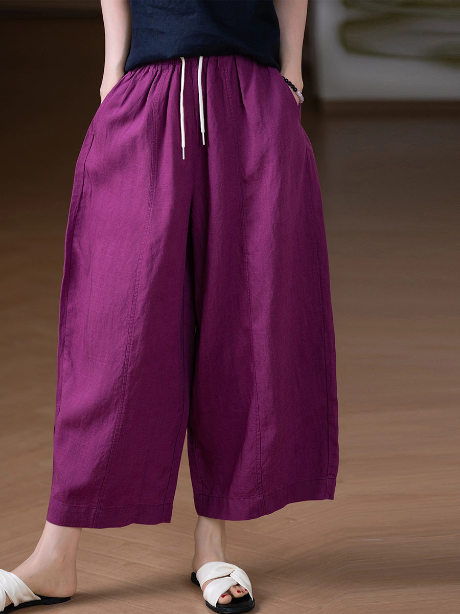 Women Summer Casual Pure Color Linen Wide-leg Pants