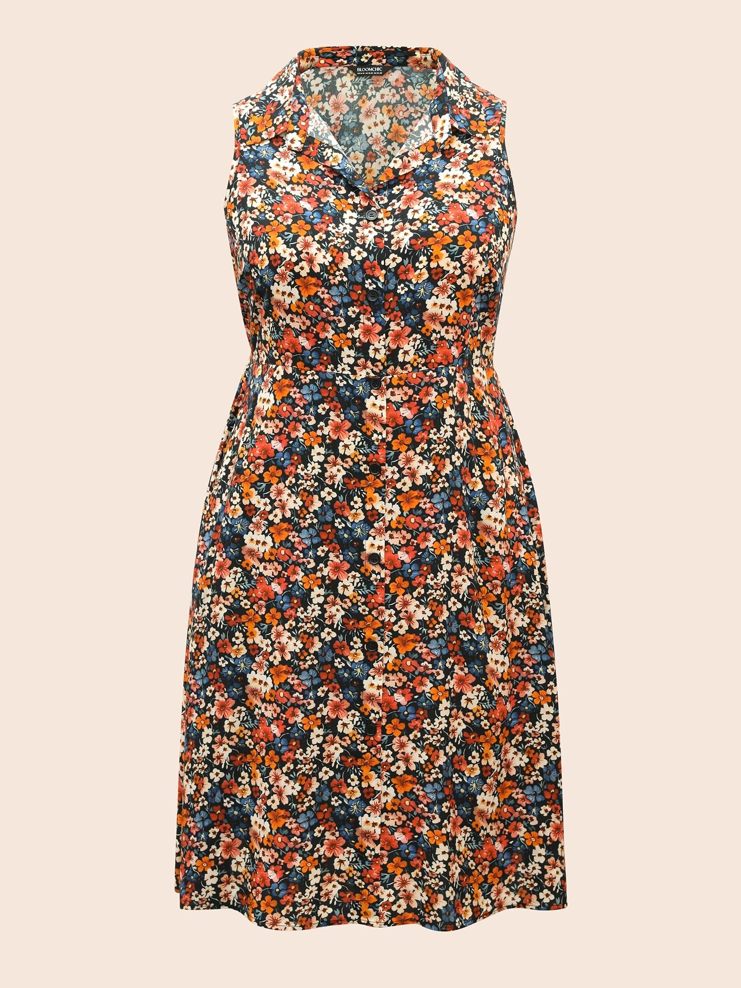 Shirt Collar Ditsy Floral Sleeveless Dress