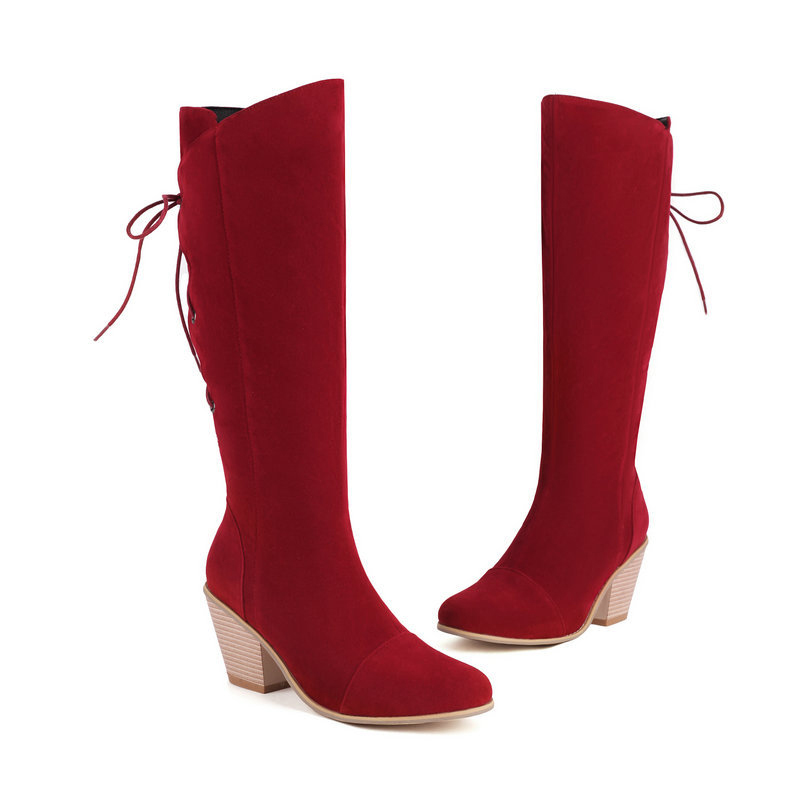 Patchwork Lace Up Round Toe Chunky Heels Knee High Boots