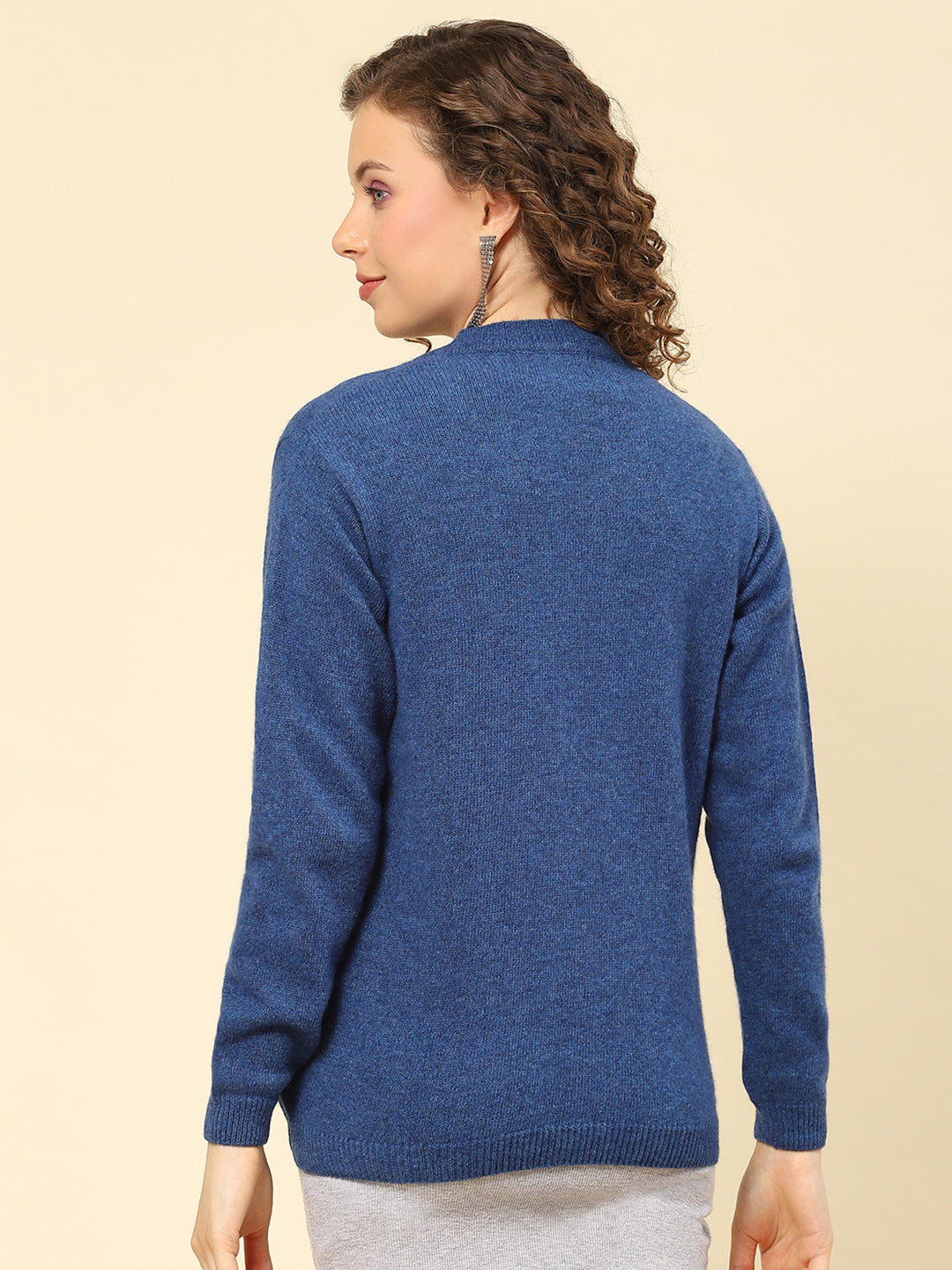 Women Blue Solid V Neck Full Sleeve Cardigan