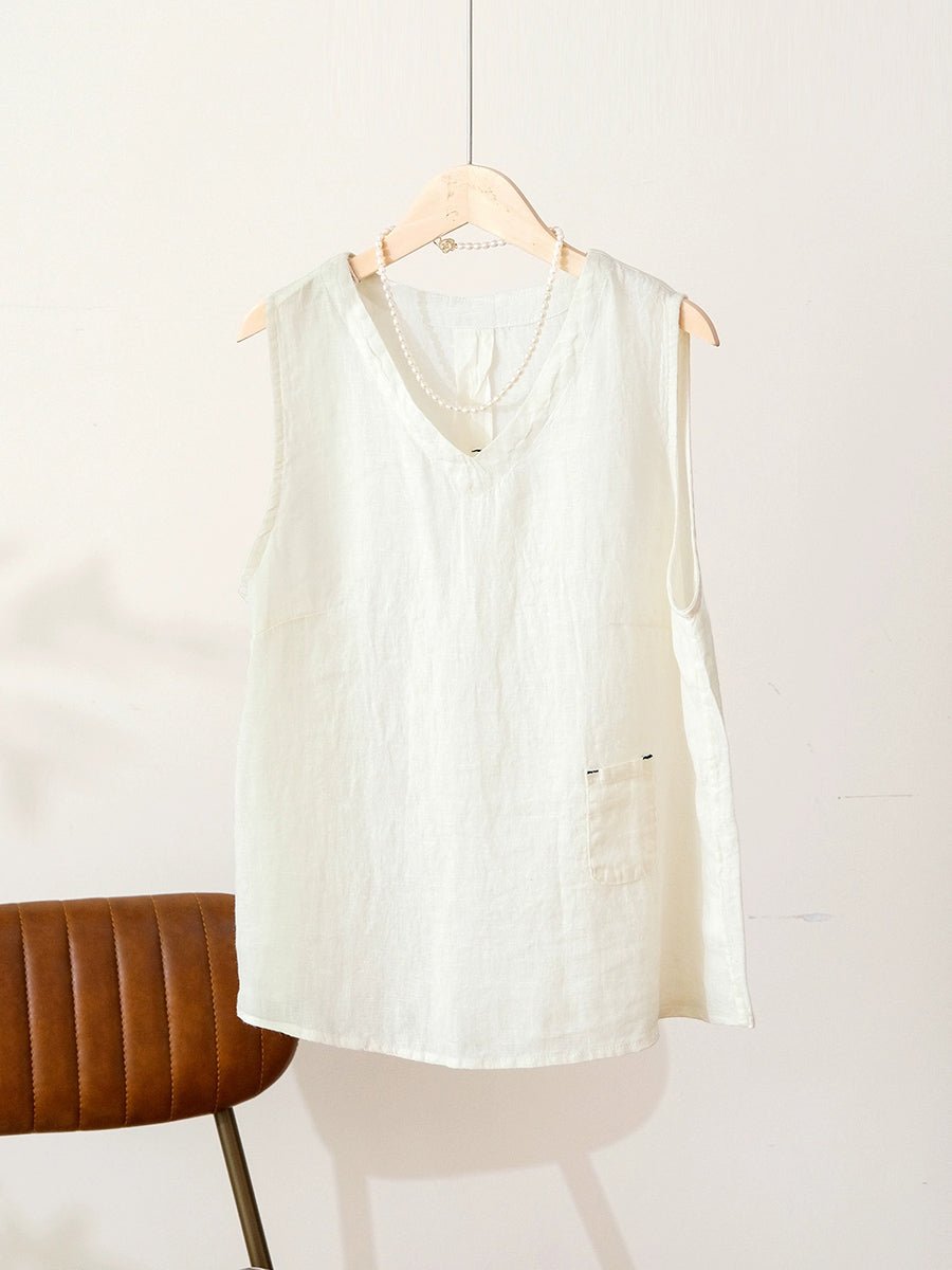 Women Summer Casual Pure Color 100%Linen V-Neck Vest
