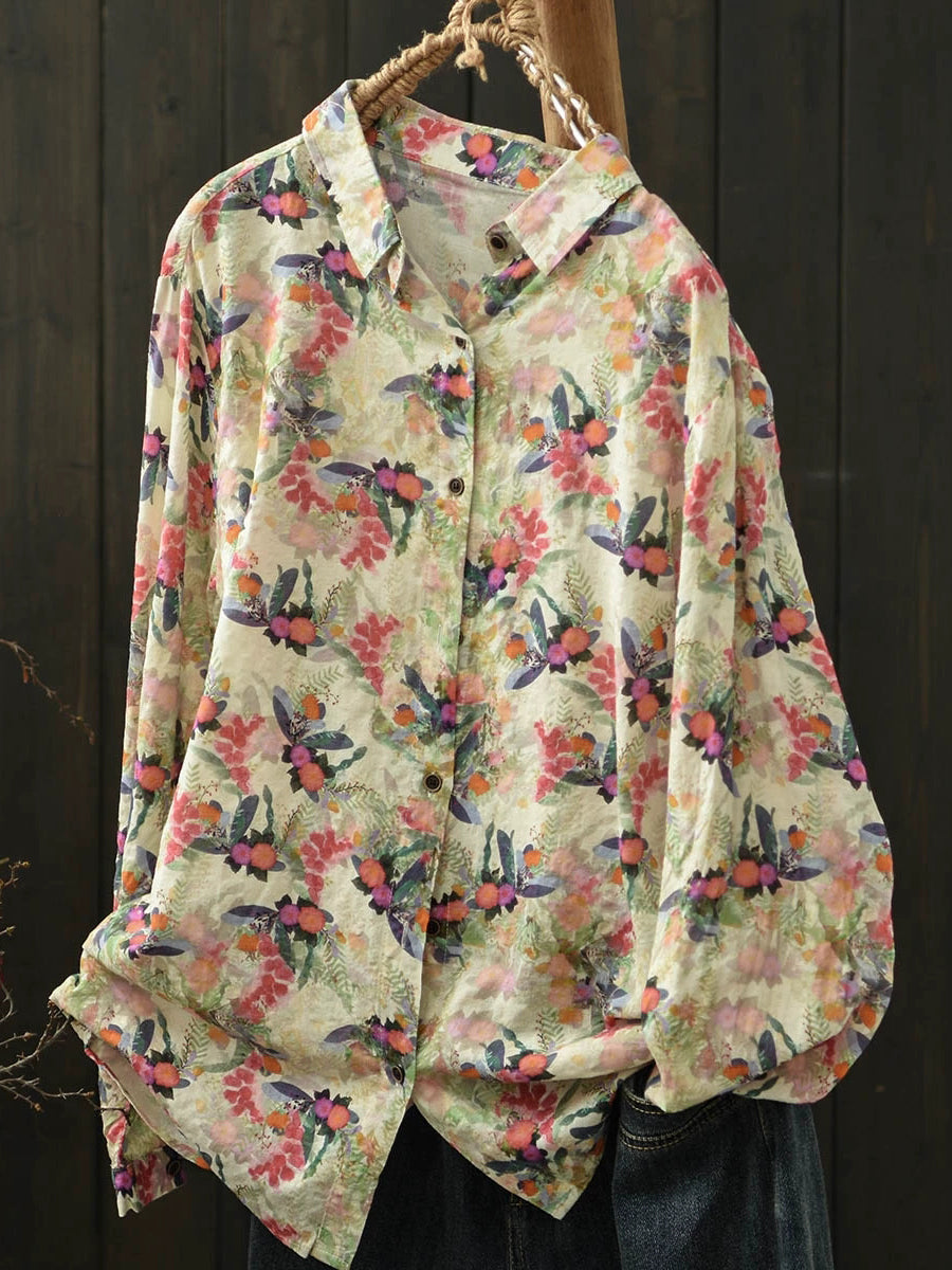 Women Spring Flower Turn-down Collar Shirt