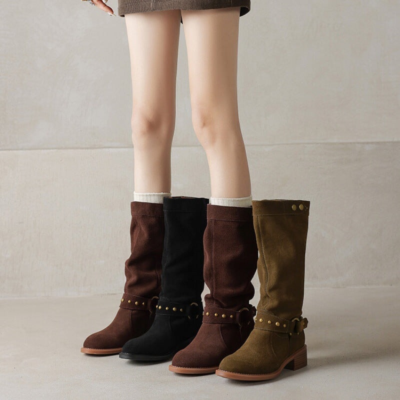 Belted Suede?Leather Riding Boots Low Block Heel Mid Calf Boots in Black/Brown/Green