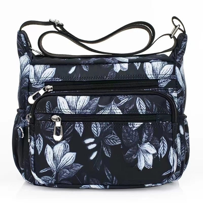 Women's Medium Nylon Flower Basic Zipper Shoulder Bag