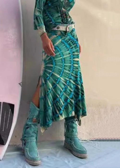 Green Print Side Open High Waist Cotton Skirts Fall