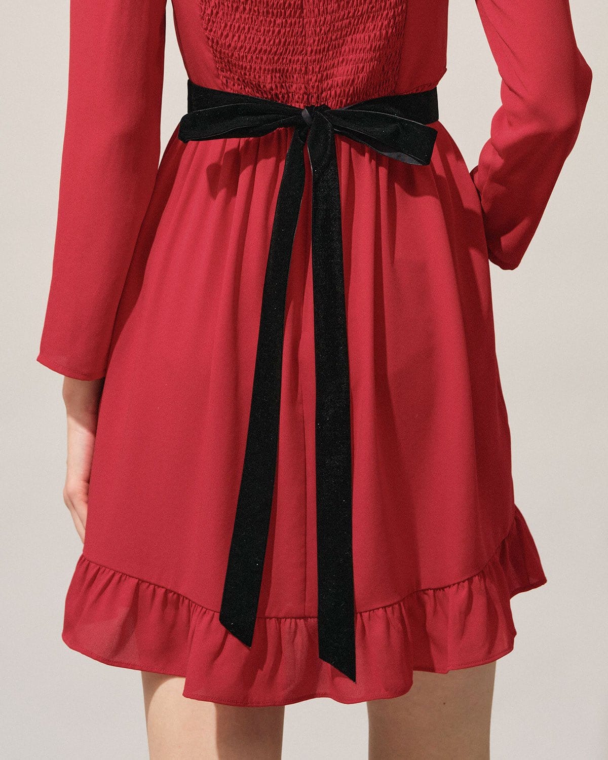 The Red Square Neck Flounce Long Sleeve Mini Dress