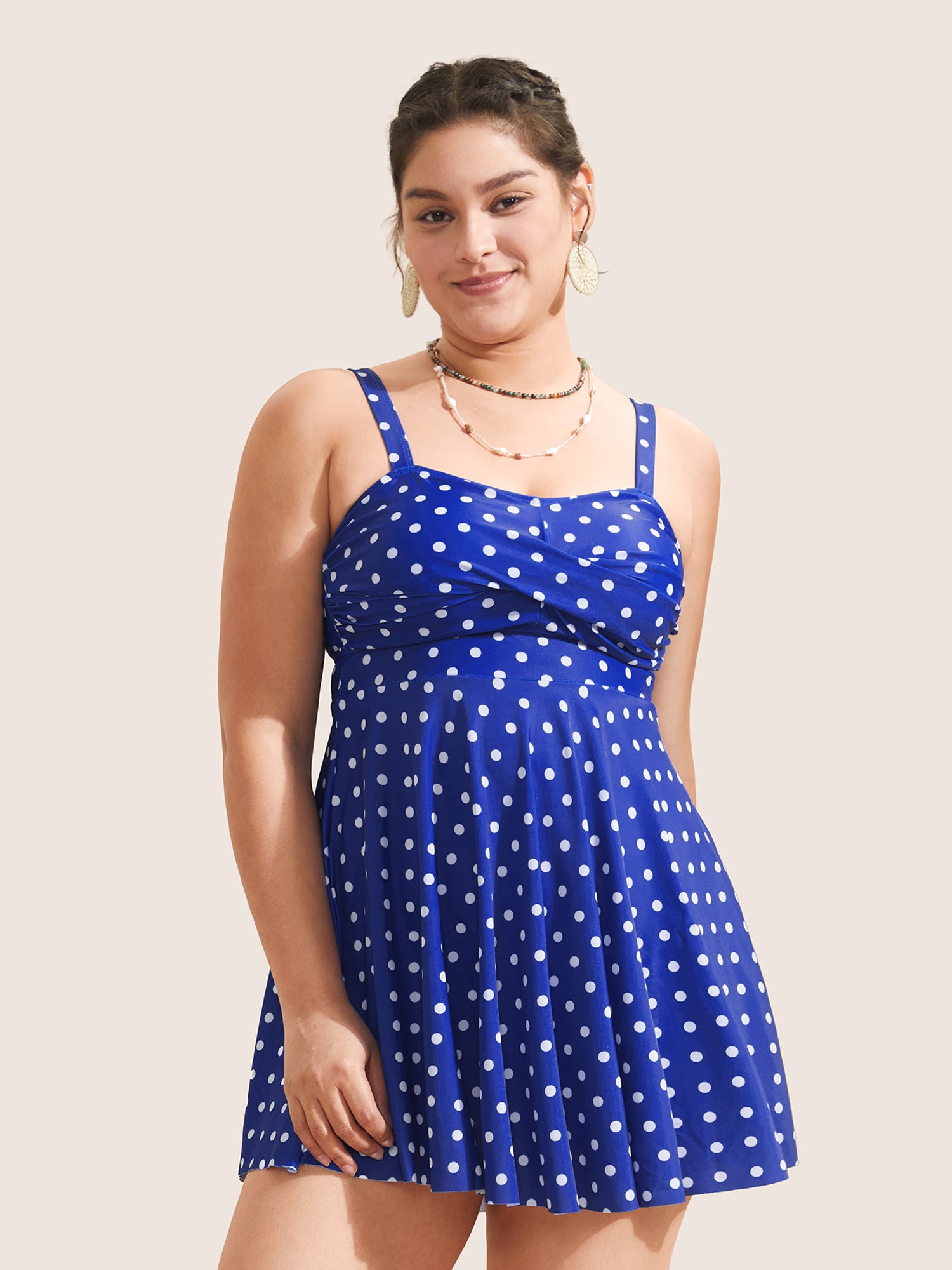 Polka Dot Crossover Ruched Flutter Hem Swim Dress