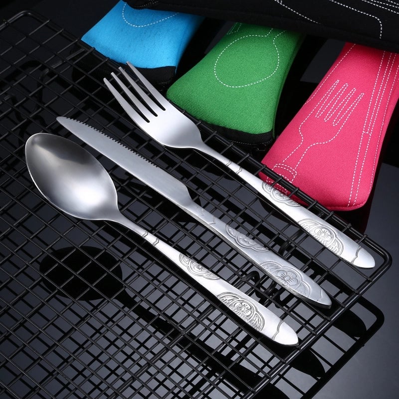 Stainless Steel Western-style Steak Knife. Fork And Spoon Creative Cloth Bag Portable Western-style Tableware Set Three-piece Set Supply