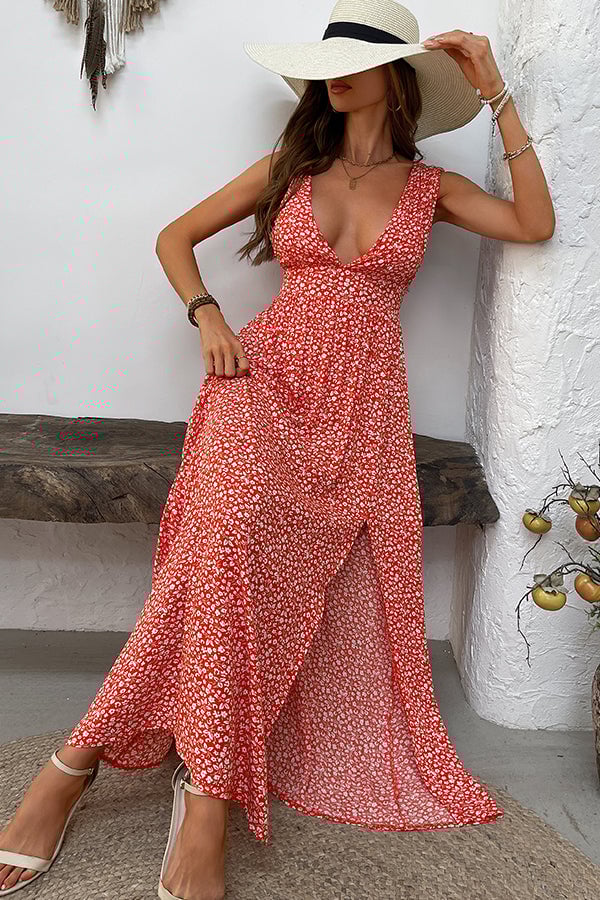 Fashion V Neck Floral Print Maxi Dress