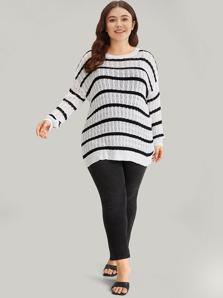 Striped Cable Knit Drop Shoulder Pullover