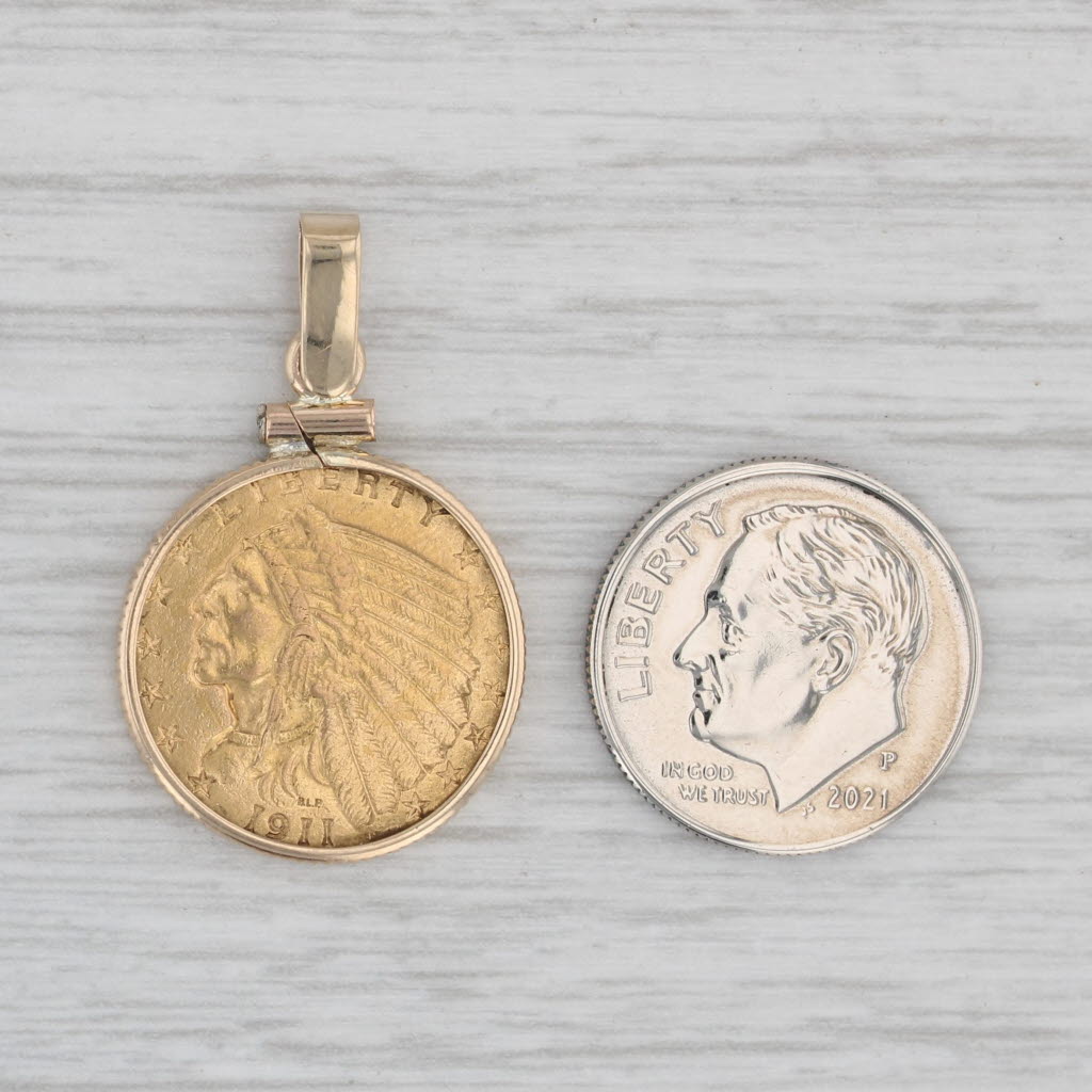 1911 Indian Head $2.5 Gold Coin Pendant 14k 900 American Eagle