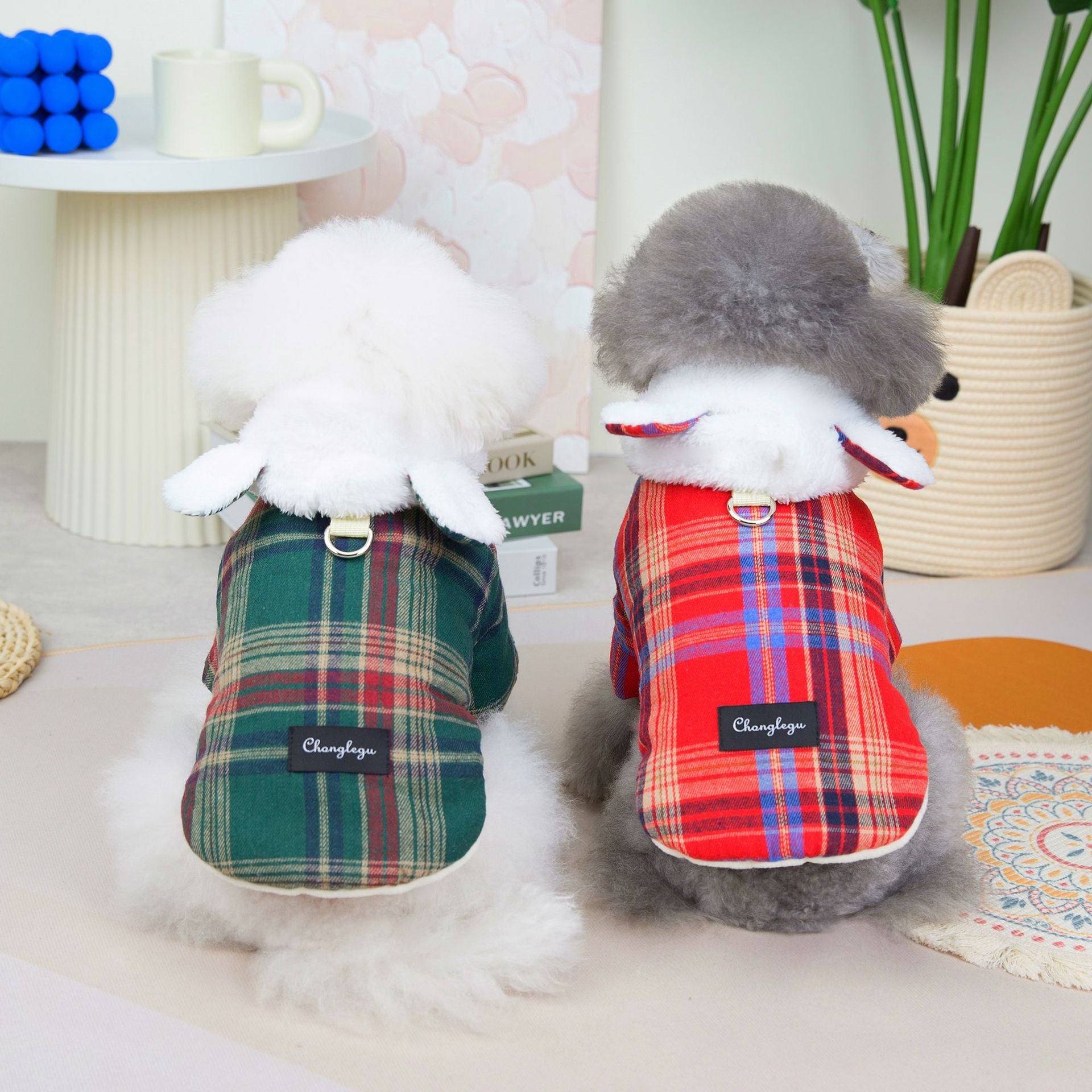 Plaid Pattern Ear Hooded Dog Cat Harness Jacket