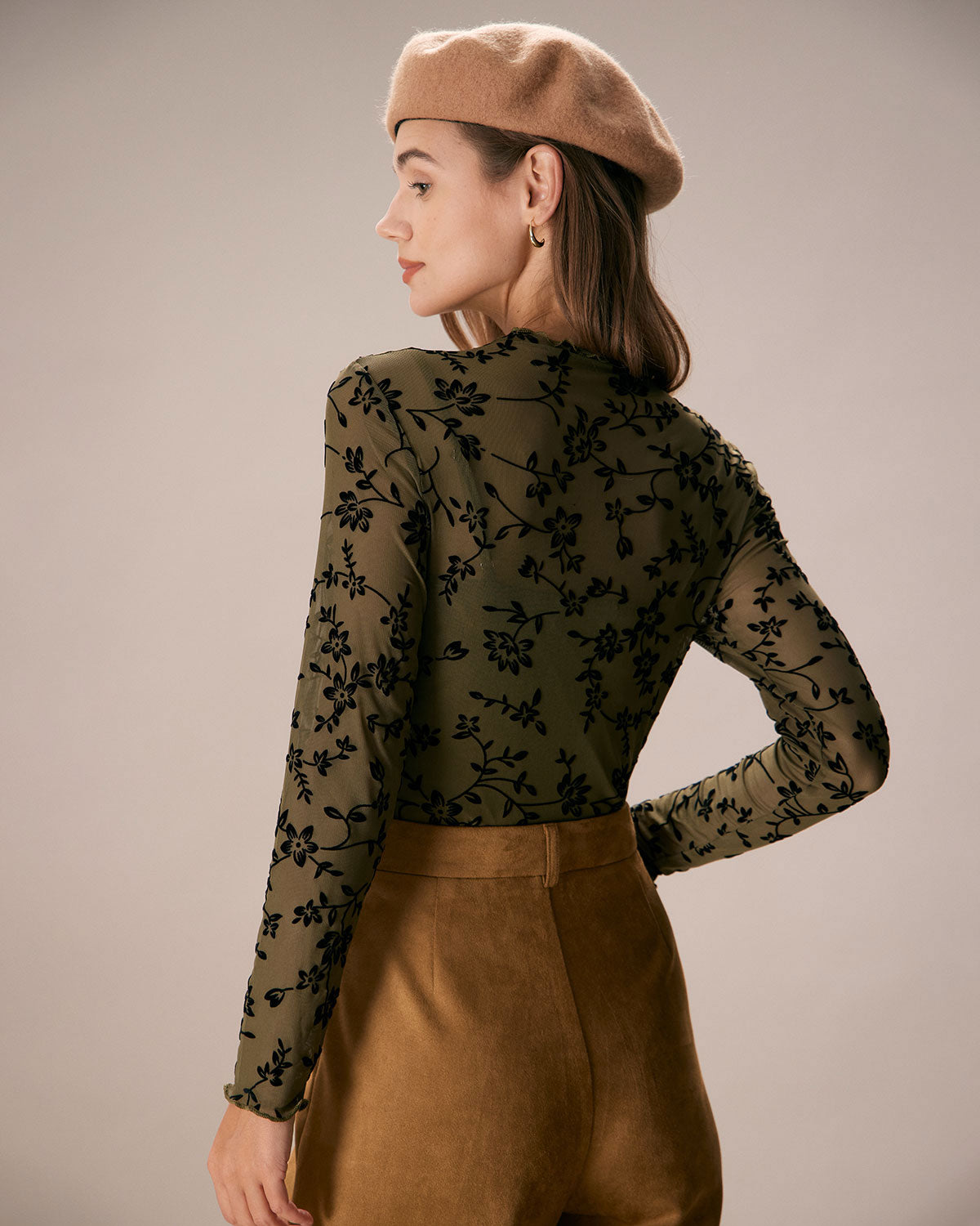 The Army Green Mesh Floral Blouse & Cami Top