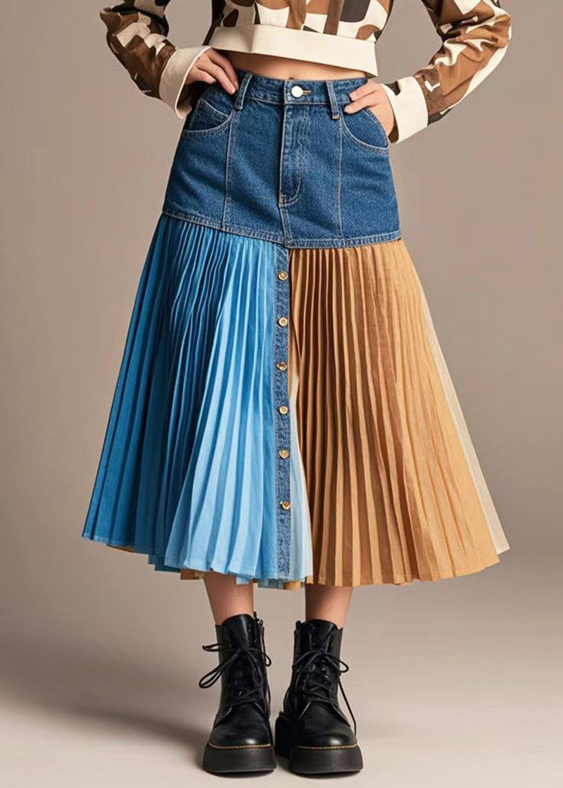 French Navy Asymmetrical Patchwork Denim Pleated Skirt Spring