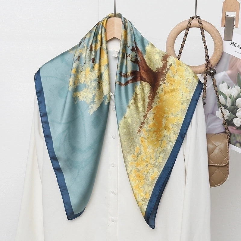 Women's Pastoral Minimalist Moon Tree Satin Printing Silk Scarf Bandanas
